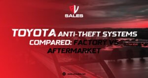 Toyota Camry with security interface overlay comparing factory alarm features vs. aftermarket AV Sales system